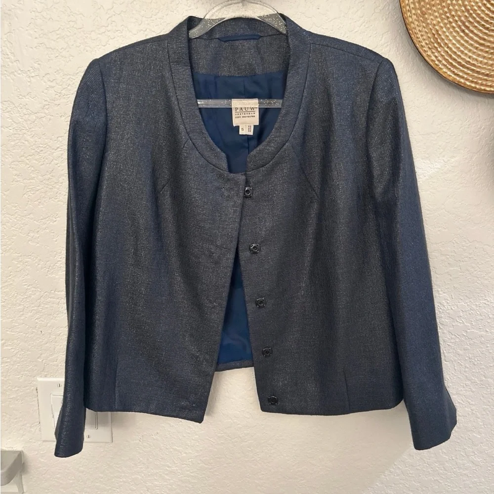 Pauw Amsterdam navy blue linen blend collarless blazer size 5 - Picture 2 of 7